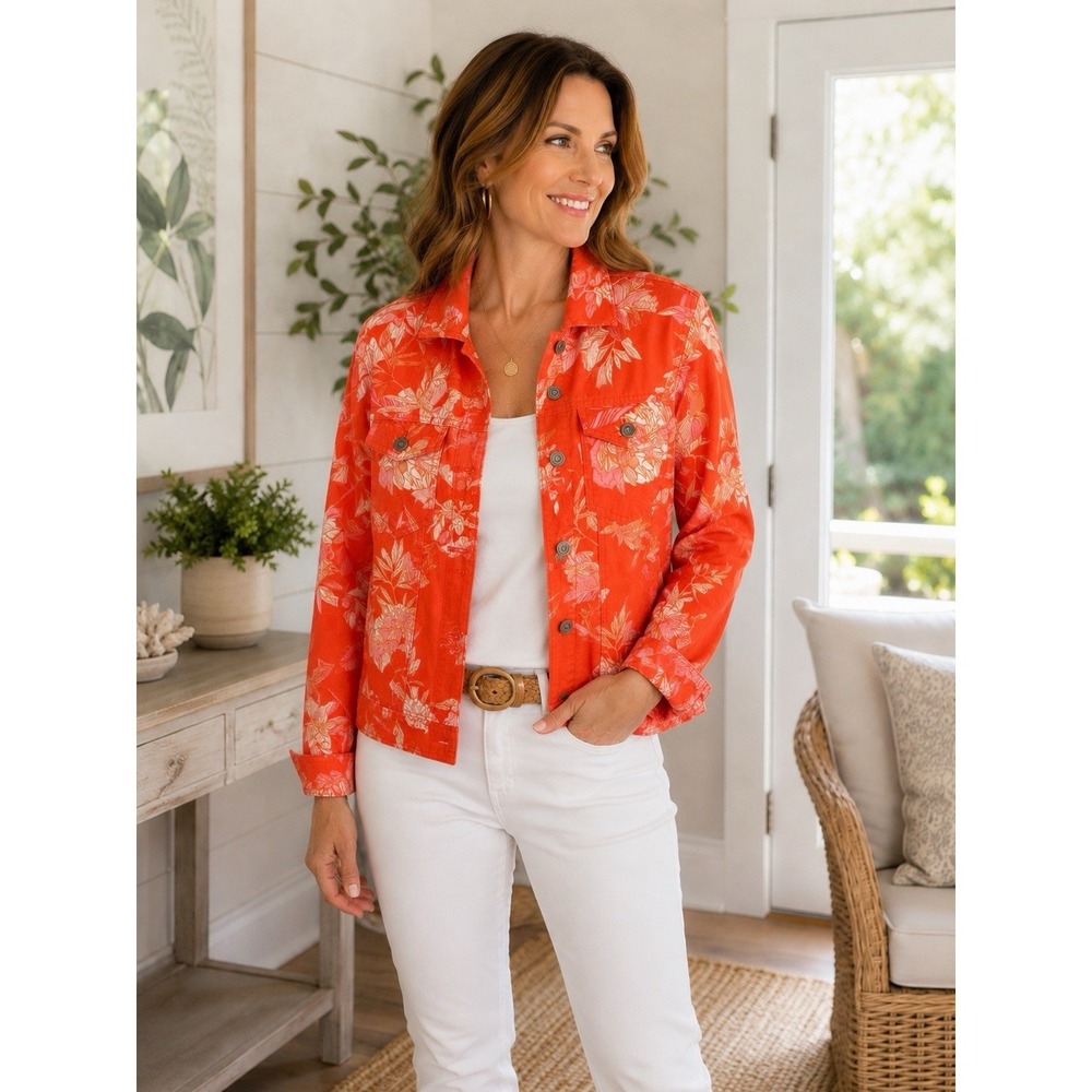 Cynthia Rowley 100% Linen Floral Jacket Women's M Orange Pink Button Front